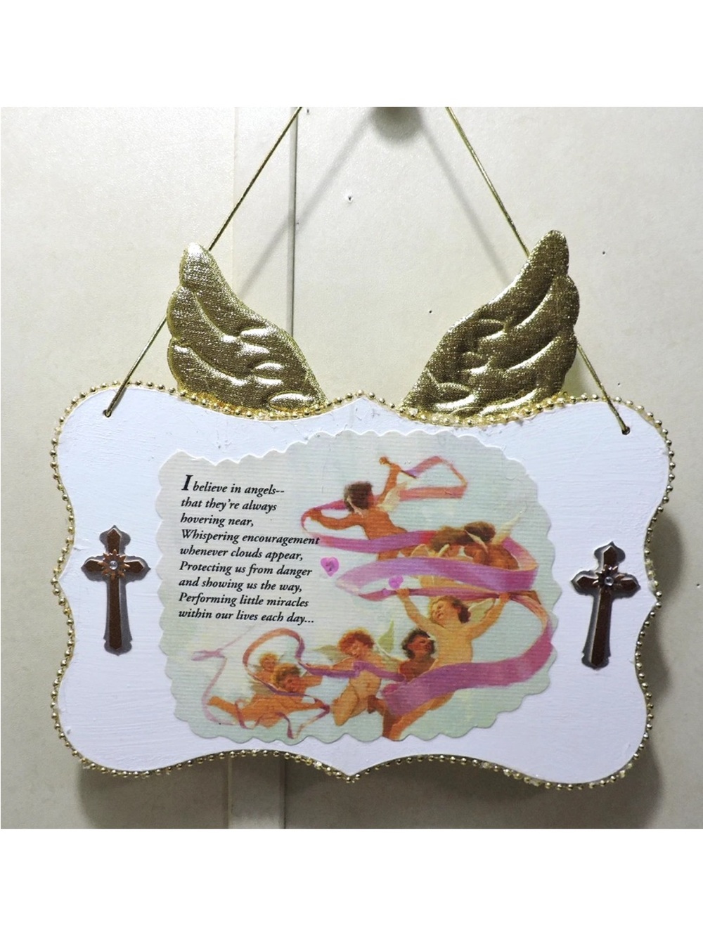 Gold and White Angel Wing Wall Plaque with Cross Accents handmade